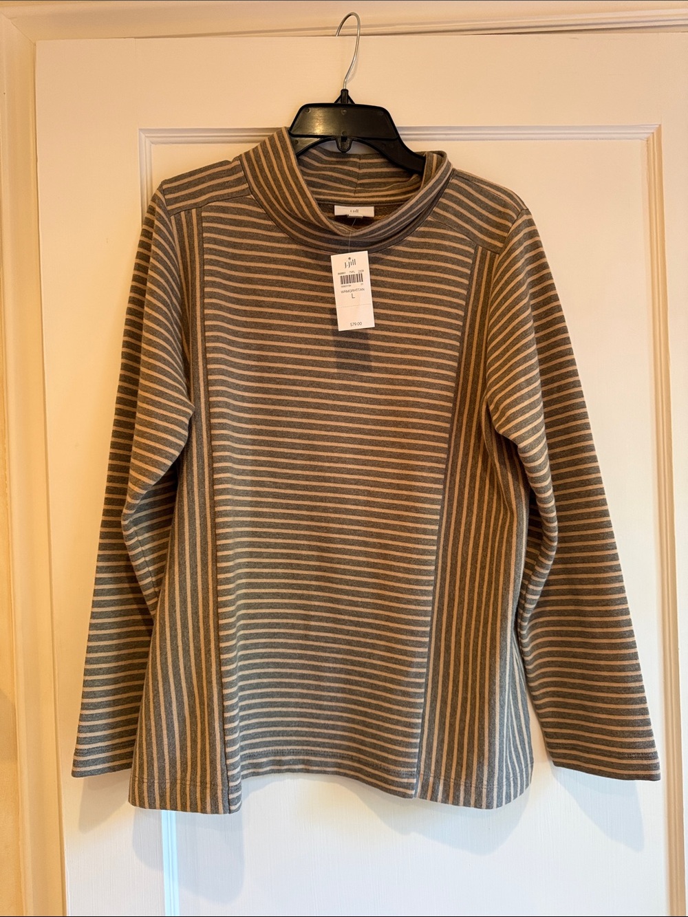 J. Jill Taupe and Cream Striped Mock Neck Sweater